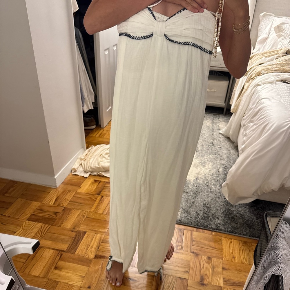 Saylor gauze bow jumpsuit with navy embroidery